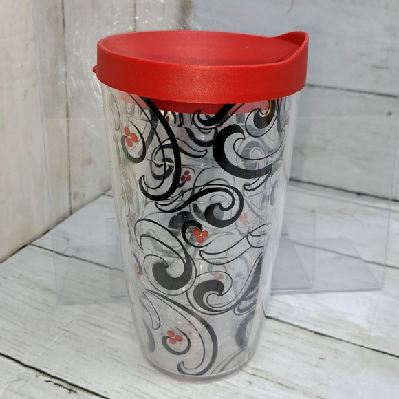 Tervis Tumbler 16oz Red Lid Clear Plastic Black Swirl Pattern Travel Drinkware - Picture 1 of 8